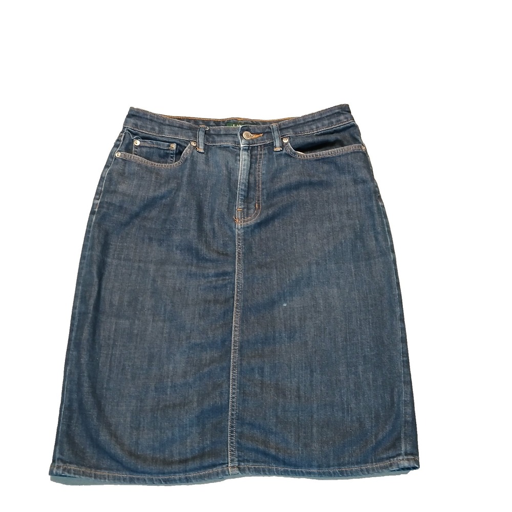 LAUREN‎ RALPH LAUREN Denim Knee Length Skirt Womens Size 6 Pockets Zipper Preppy